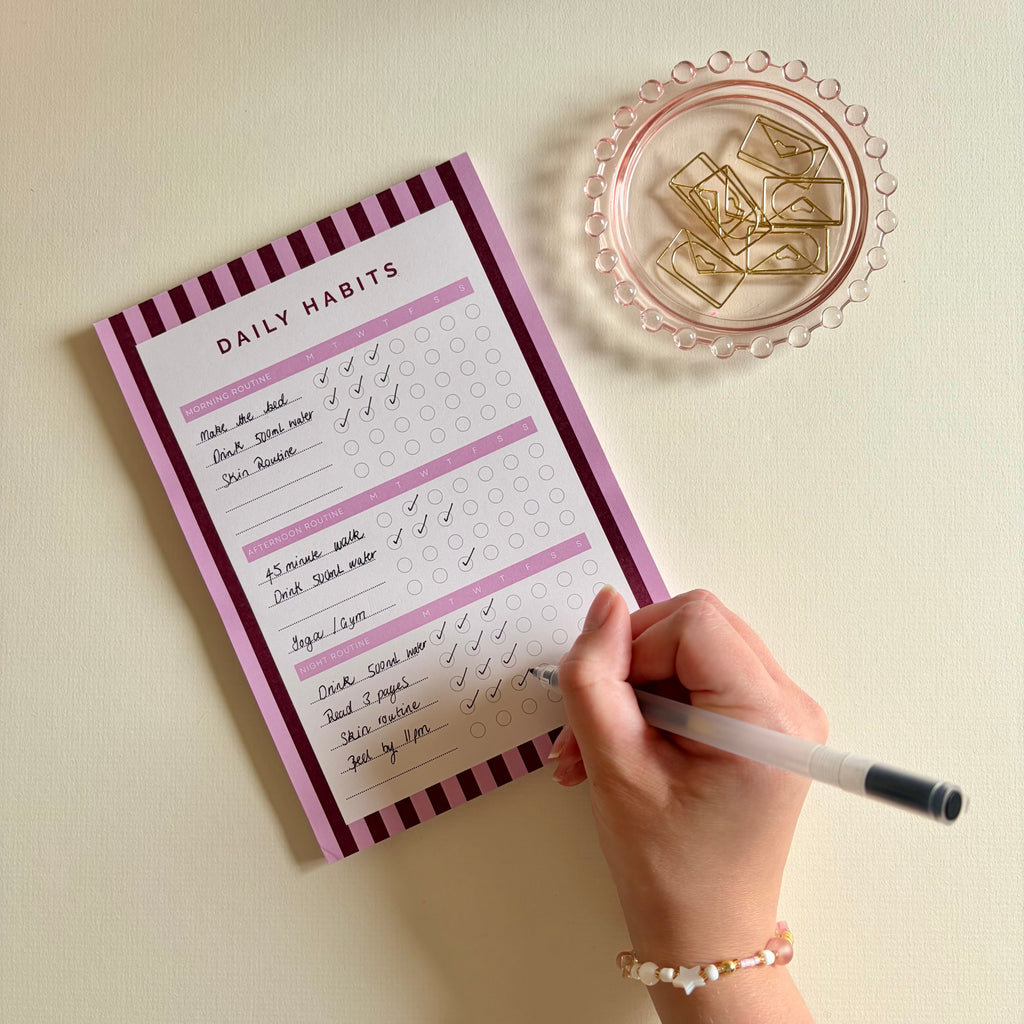 A5 Habits Tracker Pad | Pink & Red Stripes