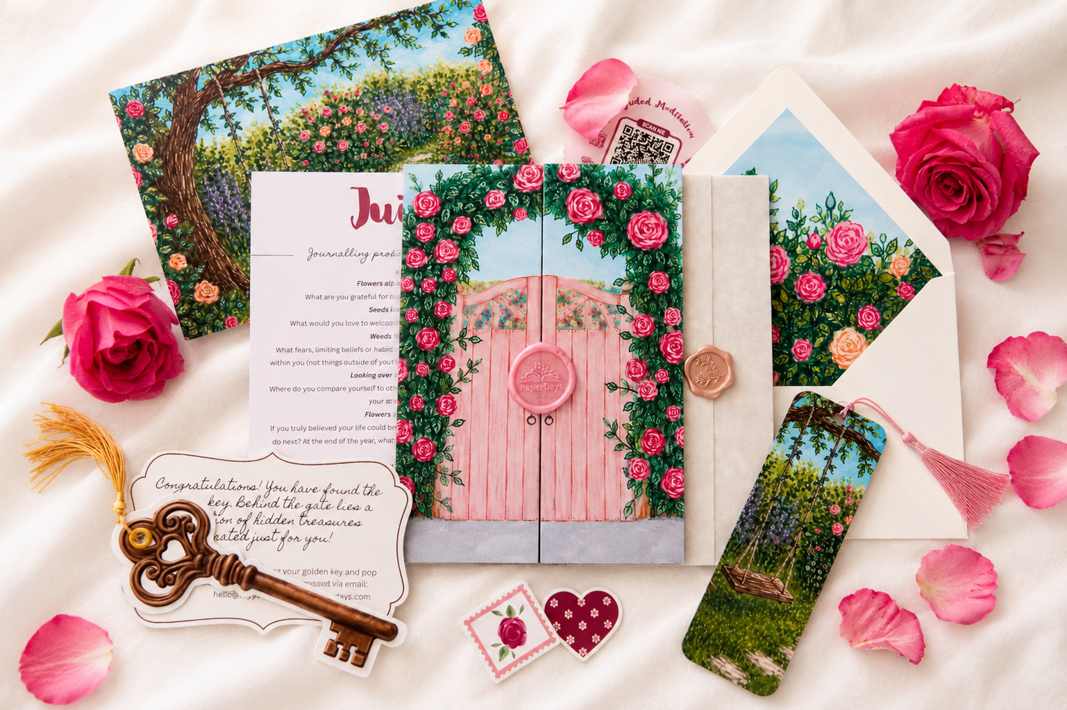 Mail Club set with floral designs, roses, and a key on a soft fabric background.