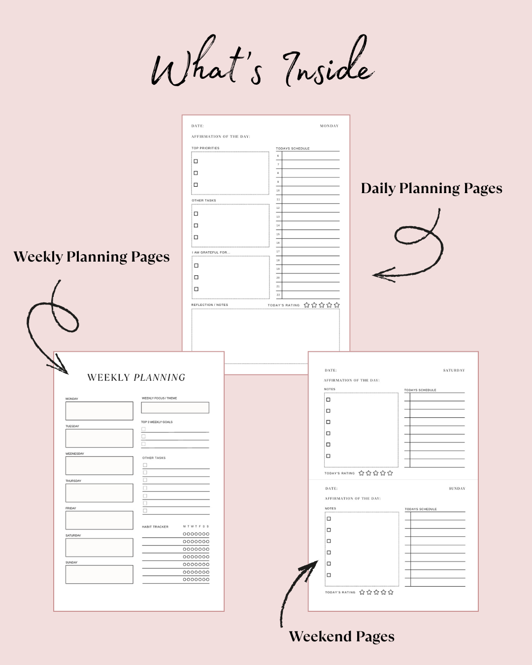 Planner pages including weekly, daily, and weekend planning sections on a pink background.