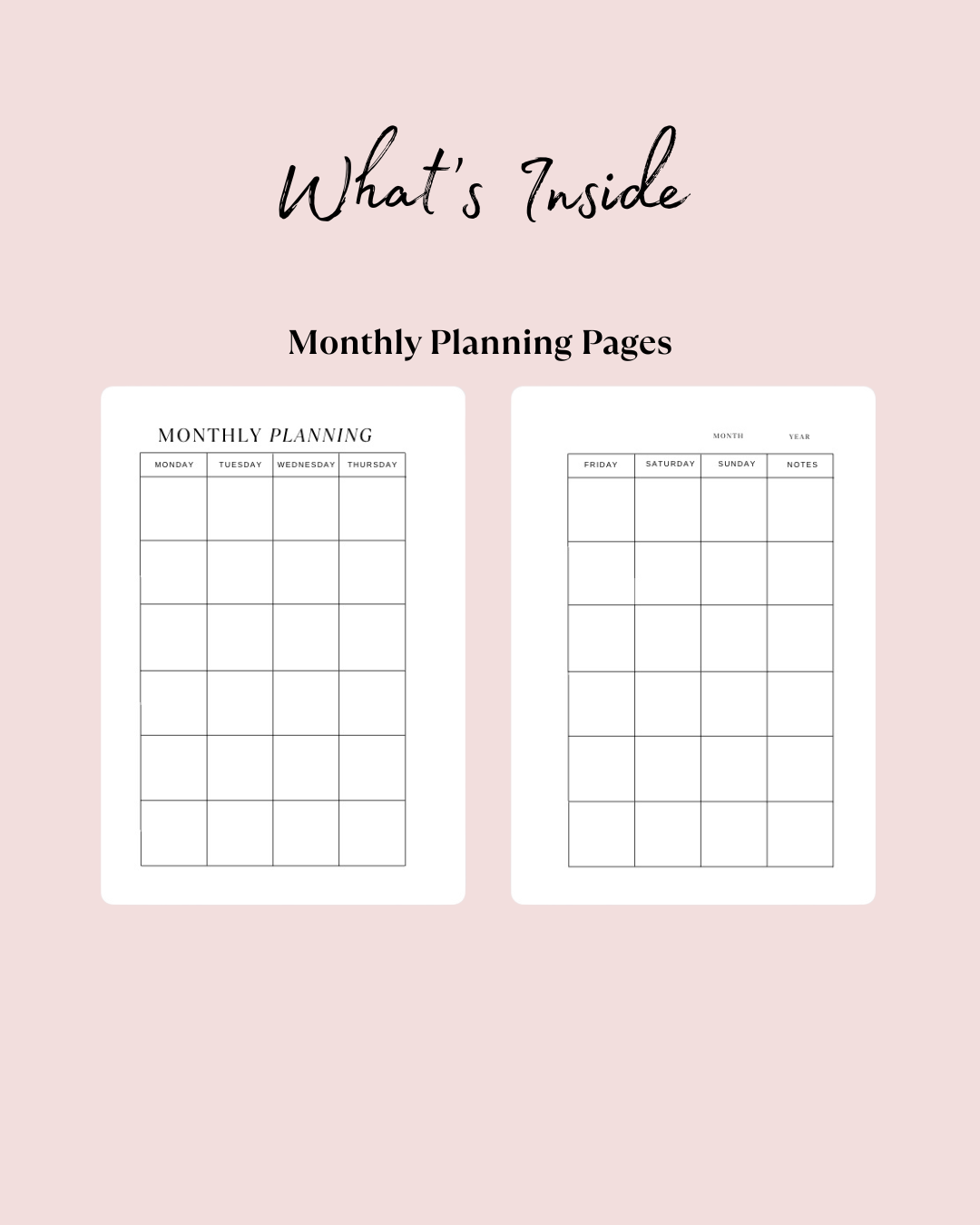Two monthly planning pages on a pink background with text 'What's Inside Monthly Planning Pages'.