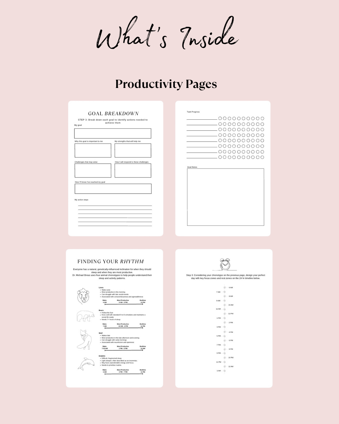 Productivity pages on a pink background with text 'What's Inside Productivity Pages'.