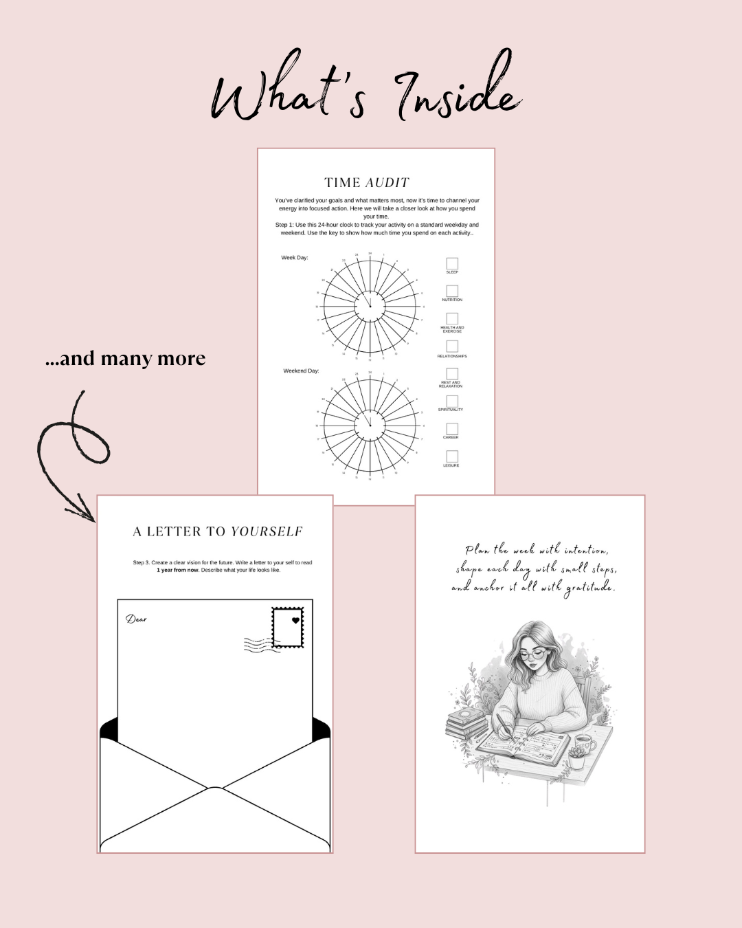 Pages from a self-help book on a pink background with text indicating contents.